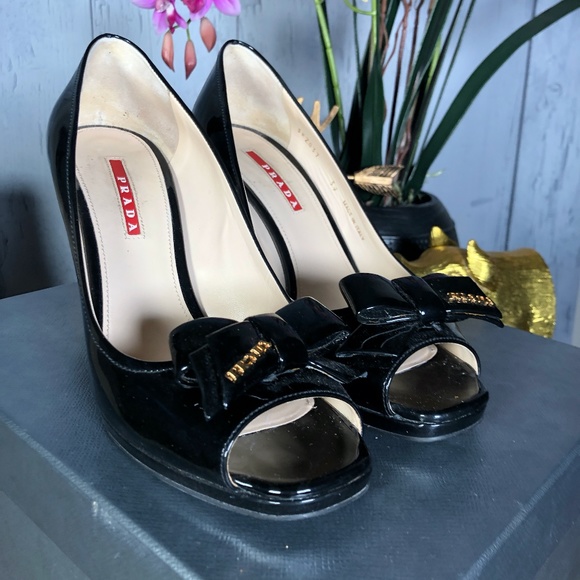 Prada Black Patent Leather PeepToe Wedge Pumps 8.5 - Picture 1 of 8